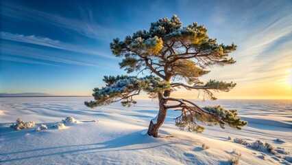 Sticker - A solitary pine tree stands resiliently on a snow-covered landscape, its branches reaching towards the sky as the sun bathes the horizon in a golden glow.