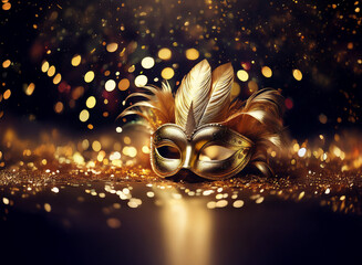 Poster - A golden masquerade mask with feathers lies on a sparkling surface, illuminated by a warm, shimmering background of out-of-focus lights.