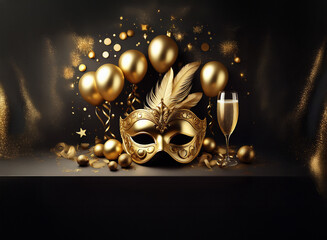 Poster - A golden masquerade mask with feathers rests on a black surface alongside a champagne flute and gold balloons.