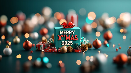 Aufkleber - Merry Christmas 2025 with festive decorations, colorful gifts, and ornaments creating joyful holiday atmosphere. Celebrate season with cheer and warmth