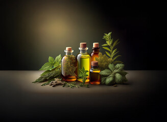 Poster - Four glass bottles of essential oil with cork tops are displayed on a white surface with sprigs of fresh herbs.