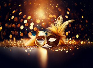 Poster - A golden masquerade mask with feathers lies on a table with sparkling confetti and a warm, blurry background.