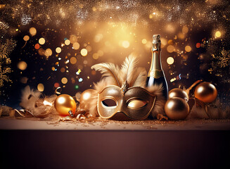 Poster - A golden masquerade mask, a bottle of champagne, and festive decorations are arranged on a table against a shimmering background.