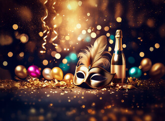 Poster - A gold masquerade mask with feathers sits beside a bottle of champagne and colorful balloons against a bokeh background.