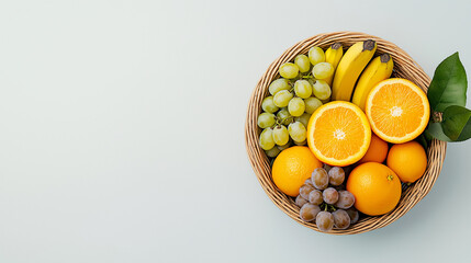 Aufkleber - vibrant fruit basket filled with bananas, oranges, grapes, and green grapes, set against light background, evokes freshness and health