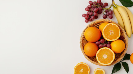 Aufkleber - vibrant fruit basket featuring oranges, grapes, and bananas against white background, showcasing colorful and fresh arrangement