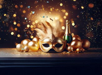 Poster - A gold masquerade mask sits on a table with a bottle of champagne, surrounded by gold balloons and confetti against a sparkling background.