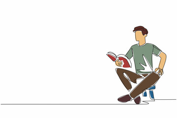 Poster - Single one line drawing man sitting on child's chair reading book. Telling an exciting story book. Cultivating interest in reading. World Read Aloud Day. Continuous line design graphic illustration