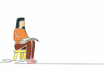 Poster - Single one line drawing woman sitting on a child's chair reading a book. Modeling the best way to read. Cultivating good interest. World Read Aloud Day. Continuous line design graphic illustration