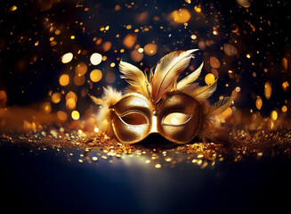 Aufkleber - A golden masquerade mask with feathers lies on a surface covered in gold confetti, with a dark background and out-of-focus golden lights.