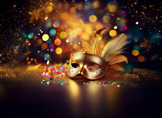Aufkleber - A golden masquerade mask with feathers lies on a dark surface surrounded by sparkling confetti and bokeh lights.