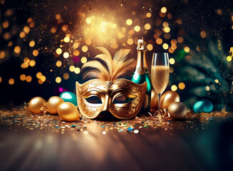 Aufkleber - A golden masquerade mask sits on a wooden table with a bottle of champagne, a glass of champagne, and gold and green ornaments.
