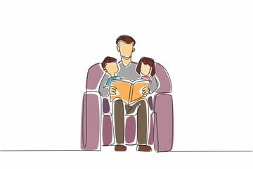 Poster - continuous one line drawing man with two children sitting on sofa reading a book together. a model f