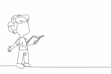 Poster - Single continuous line drawing boy standing reading a book. Interesting stories. Cultivate children's interest in reading through comic. World Read Aloud Day. One line design vector illustration