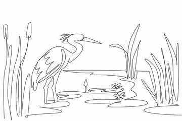 Poster - Single one line drawing stork standing on the lake. Wild grass growing around it. Beautiful twilight atmosphere. Habitat. Ecosystem. World Wetlands Day. Continuous line design graphic illustration