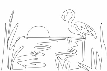 Poster - Single continuous line drawing flamingo bird standing on the lake with sunset view. Amazing view towards evening. Environmental. Ecosystem. World Wetlands Day. One line design vector illustration