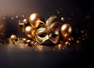 Aufkleber - A golden masquerade mask with feathers rests among champagne flutes, balloons, and confetti on a dark background.