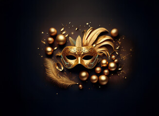 Aufkleber - A golden masquerade mask with feathers and baubles against a dark backdrop.