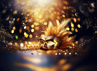 Aufkleber - A gold masquerade mask with feathers sits on a dark background with sparkling lights.