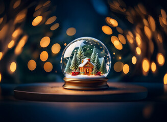 Poster - A snow globe with a miniature cabin, pine trees, and snow sits on a wooden surface with a blurred background of glowing lights.