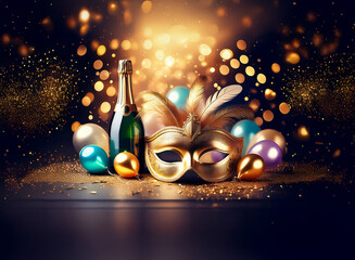Aufkleber - A golden masquerade mask with feathers rests on a table surrounded by balloons and a bottle of champagne.  The background is a sparkly blur of golden light.