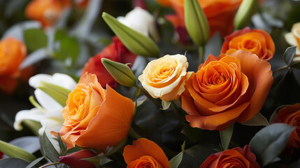 Aufkleber - Vibrant orange and yellow roses among lush greenery, showcasing beauty and elegance. Perfect for floral arrangements and market displays