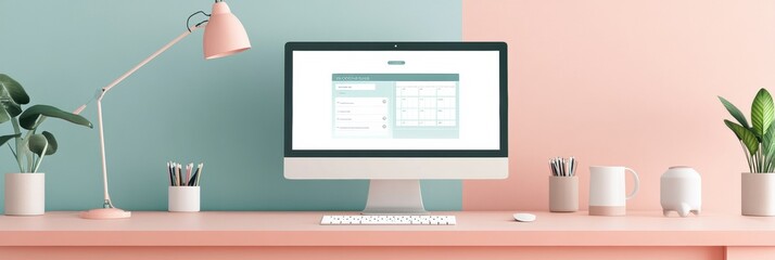Leinwandbilder - A modern office workspace featuring an adjustable height desk, decorative plants, and a lamp, designed for comfort and functionality. Generative AI