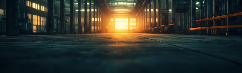 Poster - A dramatic scene of an industrial space with a glowing sunset at the far end, highlighting the contrast between light and shadows.