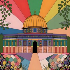 Wall Mural - Abstract illustration of the Dome of the Rock in a boho style colorful, patterned exterior. 