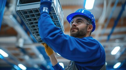 Poster - A technician wearing a blue uniform and hard hat, installing a square air deodorizer on the ceiling of a large gymnasium. The technician stands on a ladder, using both hands to secure the device.
