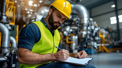 Fototapete - Close up of a focused engineer in a yellow safety vest and helmet intently reviewing notes on a notebook while surrounded by industrial equipment and machinery in an engine room setting