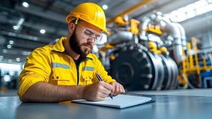 Leinwandbilder - Professional engineer in yellow safety gear intently focused on a notebook while surrounded by engine room machinery planning and reviewing technical details for an industrial project
