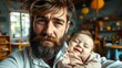 © ChannelPIC - Bearded Man Caring for Infant in Colorful Daycare - High Depth of Field Documentary Photography