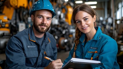 Poster - Two Engineers a Man and a Woman Collaborating on Machinery and Technology Development Using Laptop and Notebook in a Well Lit Engine Room