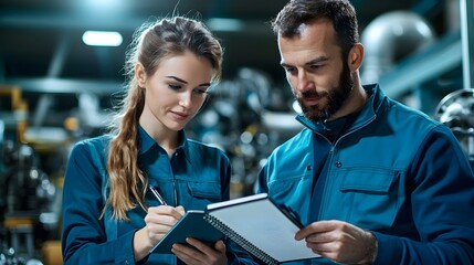 Poster - Two engineers a man and a woman collaboratively reviewing project details and plans in an industrial engine room setting with fair lighting