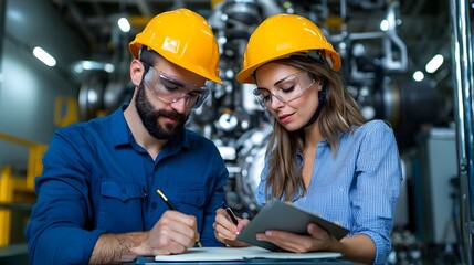 Aufkleber - Two engineers one male and one female wearing safety helmets and working together on a notebook in an engine room or industrial facility