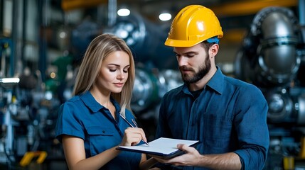 Leinwandbilder - Team of Engineers in Safety Helmets Working Together on a Notebook with Engine Room Machinery Visible in the Background and Fair Lighting Highlighting Their Collaborative Efforts