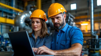 Leinwandbilder - Two engineers a man and a woman wearing safety helmets collaborating in front of a notebook computer in an industrial engine room with fair lighting in the background