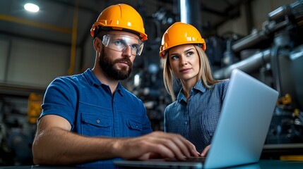 Poster - Two engineers a man and a woman wearing safety helmets collaborate in front of a notebook computer in an industrial engine room setting with fair lighting in the background