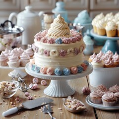 Poster - The cake-making process. Show a perfectly decorated, pastel-colored cake in the center, surrounded by tools like a piping bag, whisks, spatulas, and bowls of frosting.