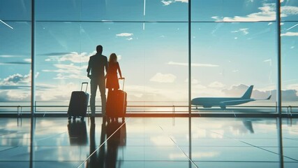 Aufkleber - Businessman and businesswoman standing with their trolley luggage in airport terminal looking at airplane taking off at sunset