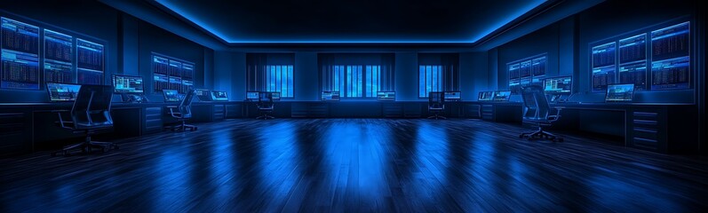 Poster - A dimly lit room bathed in blue light, featuring sleek furniture and a reflective floor, creating a modern and serene atmosphere.