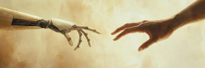 Poster - A human hand extends toward a robot hand, symbolizing a profound connection between technology and humanity in a soft lighting. Generative AI