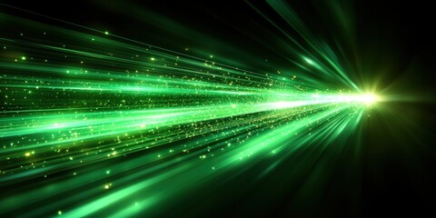 Poster - Vivid Green Light Rays and Particles Creating a Dynamic Abstract Background for Technology, Science, and Fantasy Themes, Ideal for Visual Media and Graphic Design Projects