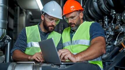 Leinwandbilder - Two engineers wearing reflective vests and safety helmets collaborating on a laptop in an engine room with fair lighting creating a focused work environment