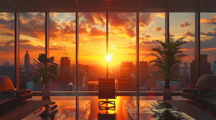 Poster - Sunset in an office, large windows, sixth floor.