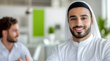 Poster - Young Arabic real estate agent in white clothing discussing investment properties and business opportunities with European clients in a bright modern and green office workspace