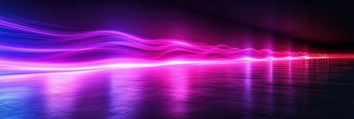 Poster - Vibrant Abstract Light Trails in Purple and Pink with Reflection on a Dark Background Creating an Enchanting and Futuristic Atmosphere