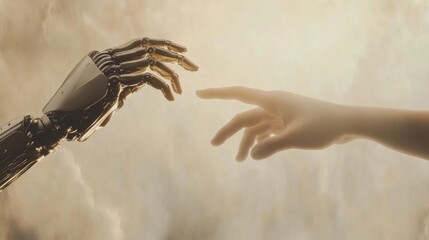 Poster - A robot hand and a human hand extend towards each other, symbolizing a profound connection and unity in a dreamlike atmosphere. Generative AI
