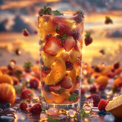 Poster - A tall glass of fruit cocktail surrounded by miniature of fruit floating around against a sunset background.